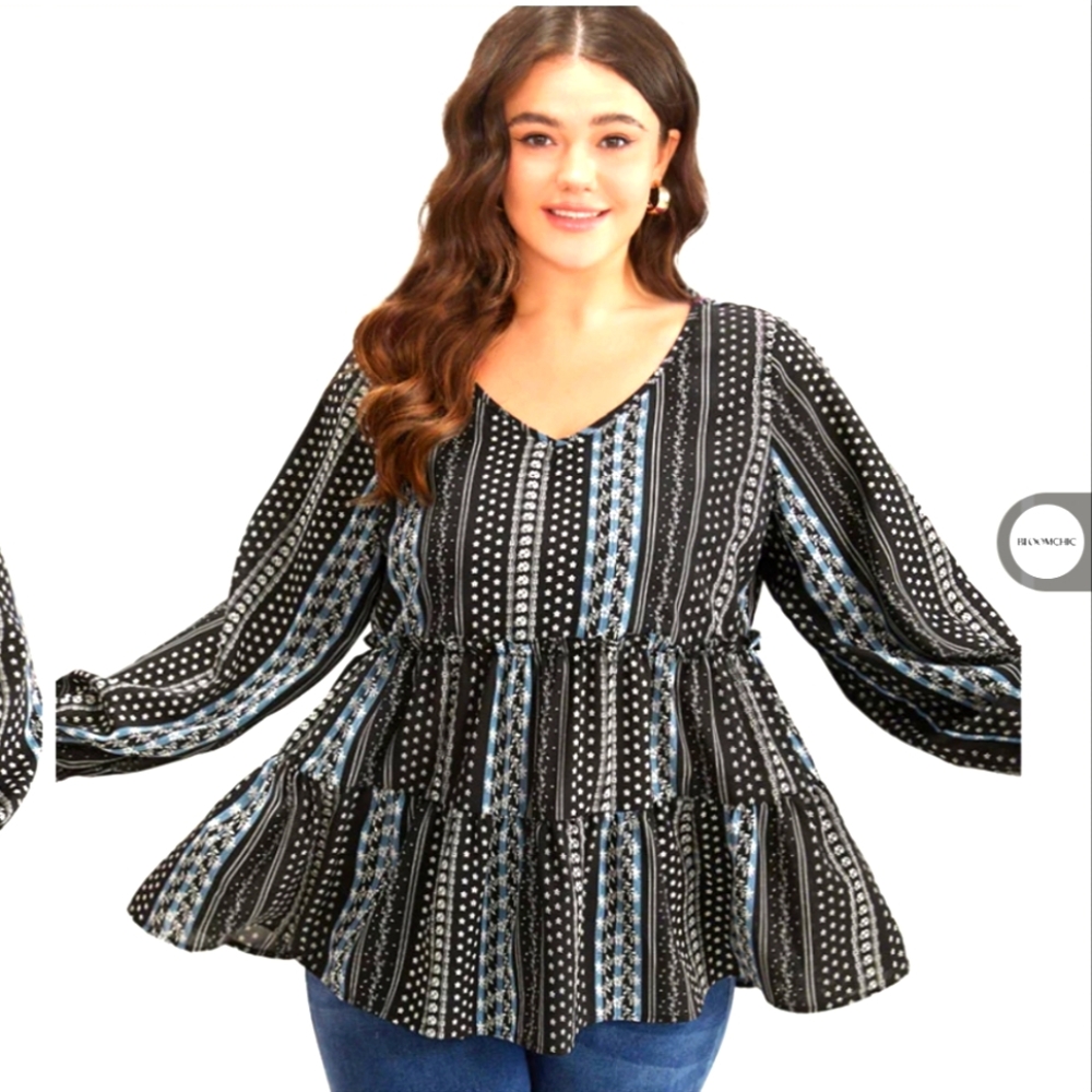 BloomChic Boho Black and Blue Striped Blouse 14-16 EUC